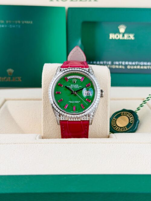 Rolex Day-Date 36 Green Jade Baguette Ruby Diamond Strap Preowned 2024 128459TBR