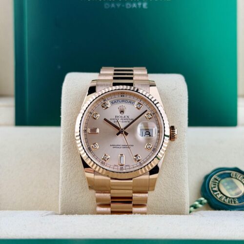 Rolex Day-Date 36 Rose Sundust Diamond Fluted President Preowned W&B 118235