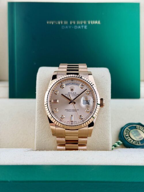 Rolex Day-Date 36 Rose Sundust Diamond Fluted President Preowned W&B 118235