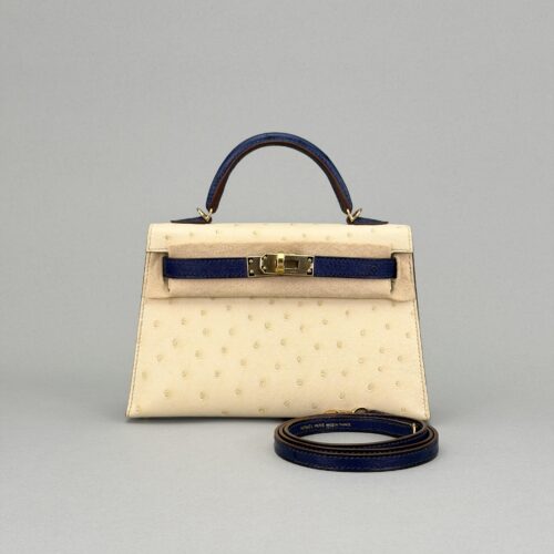 Hermes Mini Kelly 20 Ostrich HSS Beton/Blue Iris Champagne Hardware U Stamp 2023