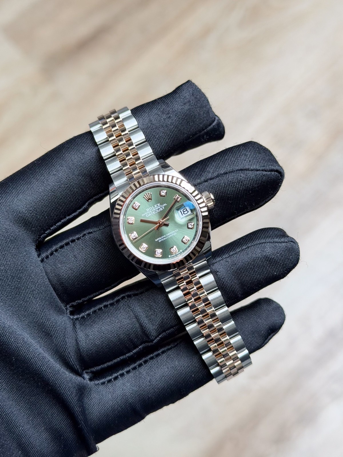 Rolex Datejust 28 Olive Green Diamond Fluted Jubilee Preowned 2019 279171