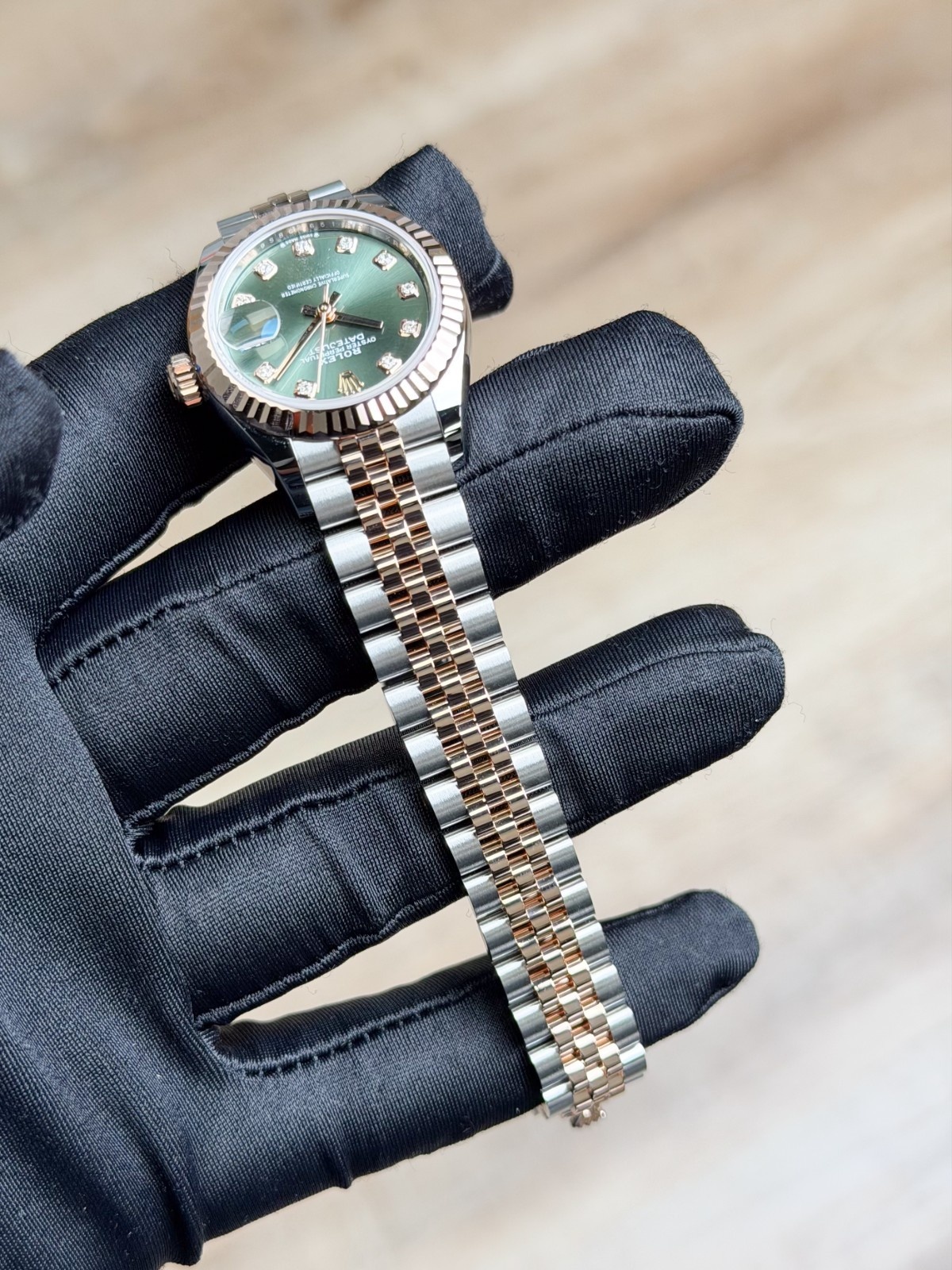 Rolex Datejust 28 Olive Green Diamond Fluted Jubilee Preowned 2019 279171