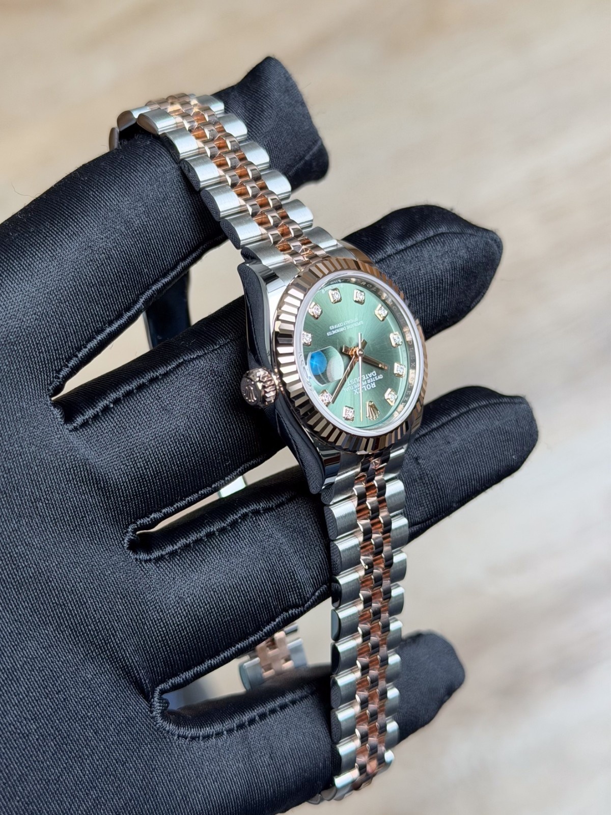 Rolex Datejust 28 Olive Green Diamond Fluted Jubilee Preowned 2019 279171
