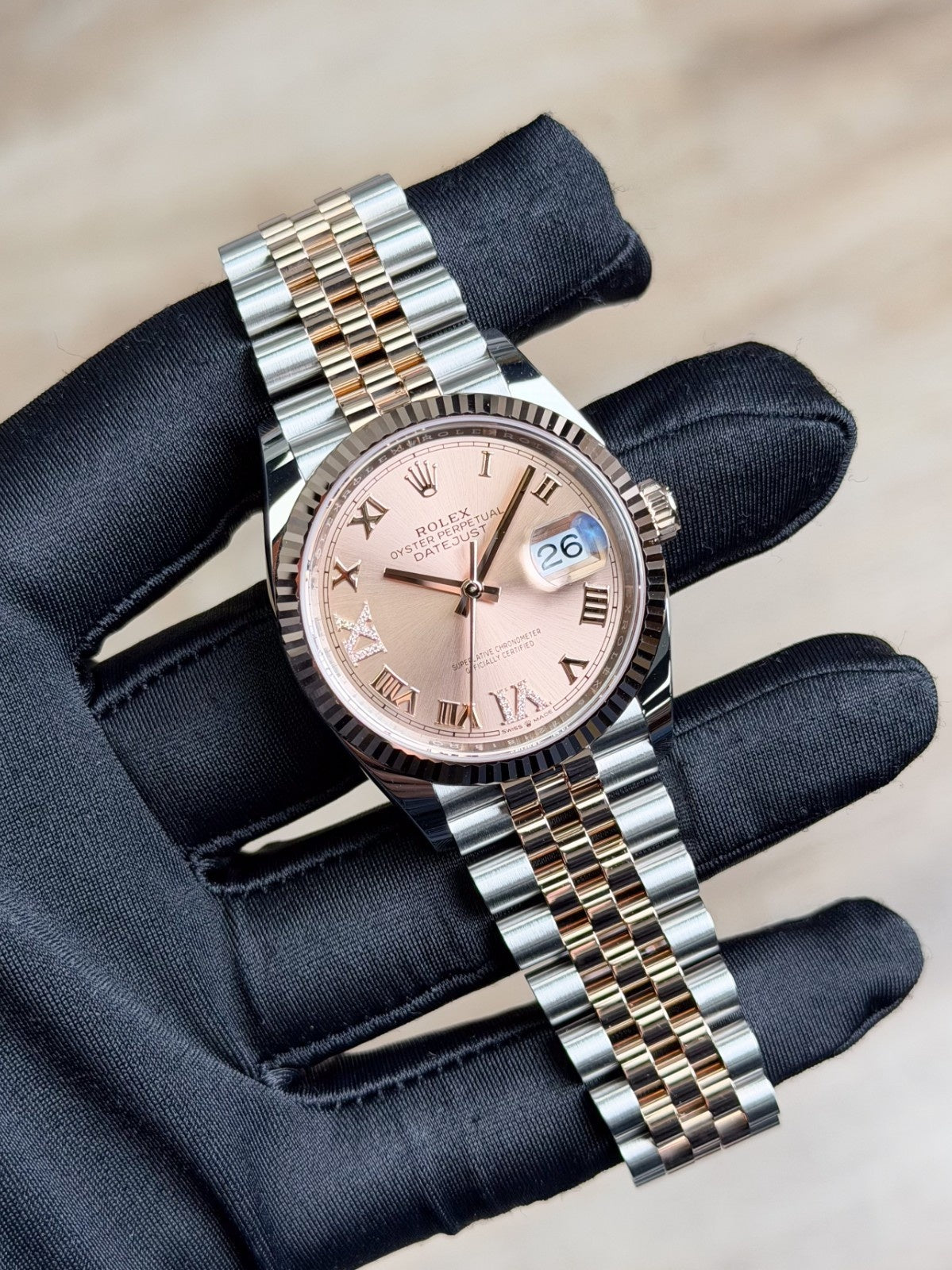 Rolex Datejust 36 Rose Roman VIIX Diamond Fluted Jubilee 2026 Unworn 126231