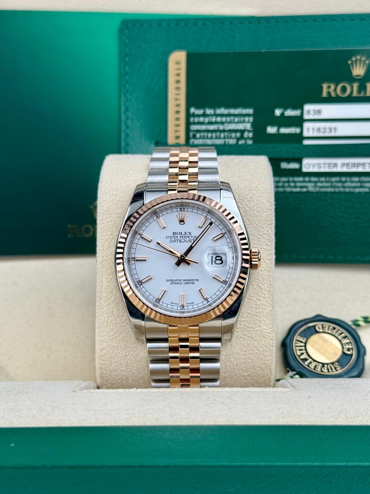 Rolex Datejust 36mm White Index Fluted Jubilee Preowned 2010 Full 116231