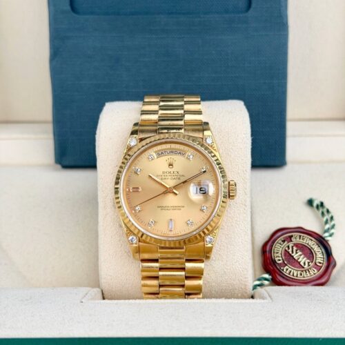 Rolex Day-Date 36 Champagne Diamond Fluted President Preowned Watch&Box 18238