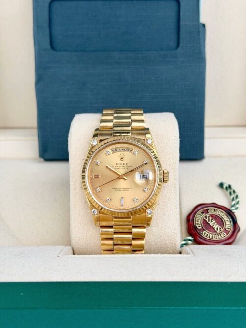 Rolex Day-Date 36 Champagne Diamond Fluted President Preowned Watch&Box 18238