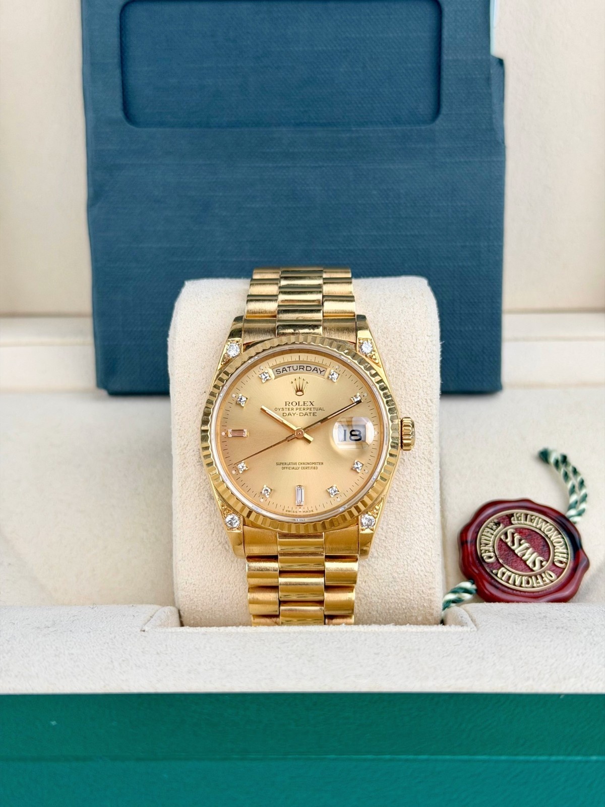 Rolex Day-Date 36 Champagne Diamond Fluted President Preowned Watch&Box 18238