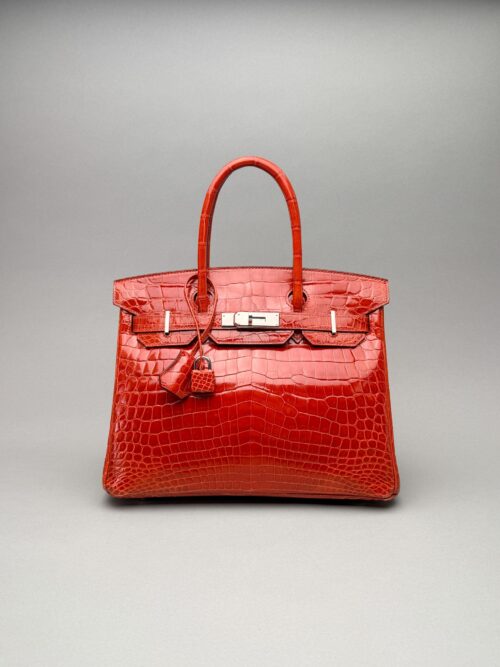 Hermes Birkin 30 Shiny Crocodile Geranium Palladium Hardware Preowned T Stamp