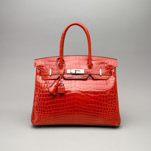 Hermes Birkin 30 Shiny Crocodile Geranium Palladium Hardware Preowned T Stamp
