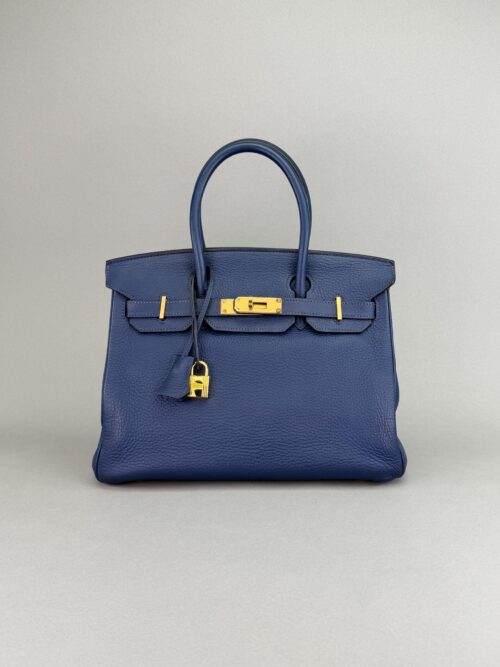 Hermes Birkin 30 Retourne Clemence Blue Navy Gold Hardware Preowned Square N