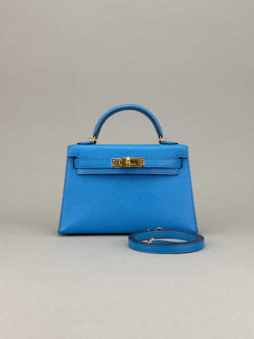 Hermes Mini Kelly II 20 Chevre Blue Frida Gold Hardware Preowned Y Stamp