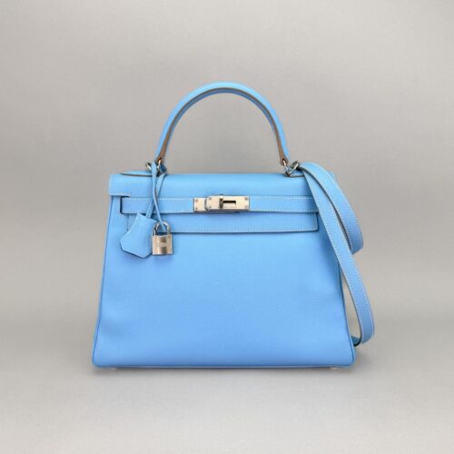 Hermes Kelly 28 Epsom Blue Celeste/Blu Jean Palladium Hardware Preowned Sqaure O