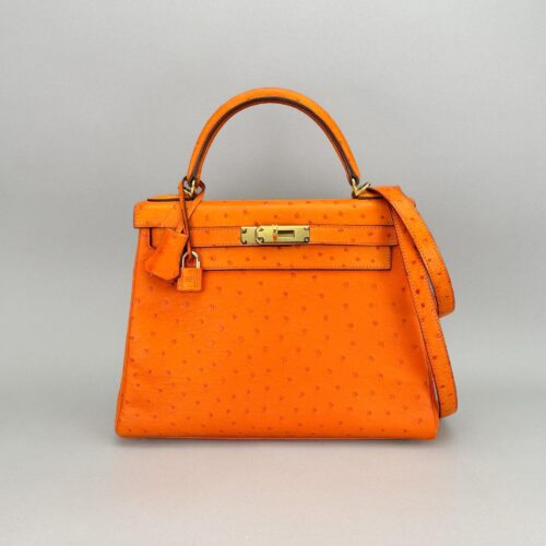 Hermes Kelly 28 Retourne Ostrich Orange Gold Hardware Preowned Square K