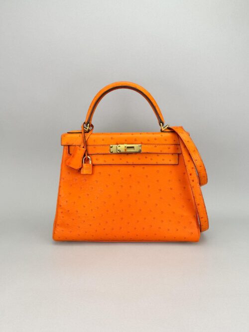 Hermes Kelly 28 Retourne Ostrich Orange Gold Hardware Preowned Square K