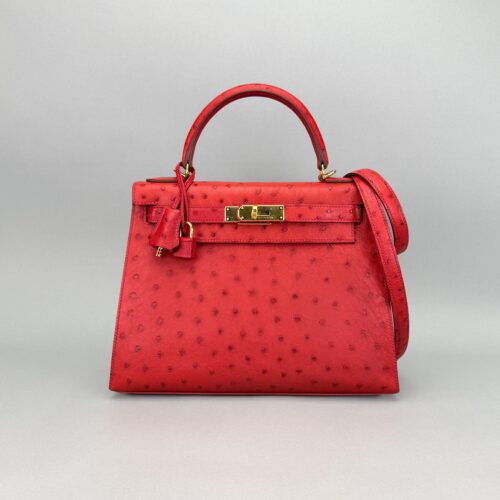 Hermes Kelly 28 Sellier Ostrich Rouge Vif Gold Hardware Preowned T Stamp