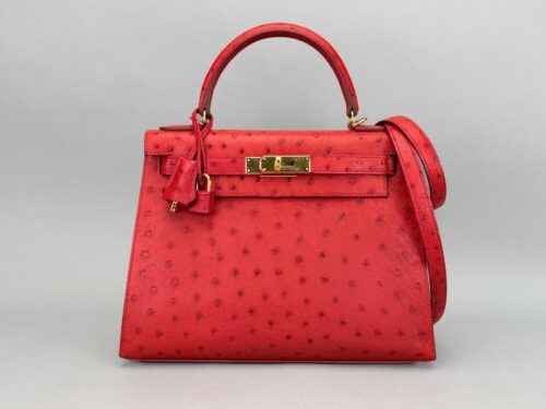 Hermes Kelly 28 Sellier Ostrich Rouge Vif Gold Hardware Preowned T Stamp