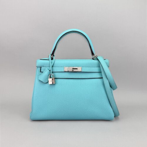 Hermes Kelly 28 Retourne Togo Blue Atoll Palladium Hardware Preowned T Stamp