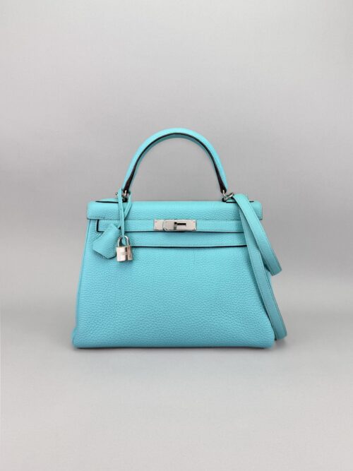 Hermes Kelly 28 Retourne Togo Blue Atoll Palladium Hardware Preowned T Stamp