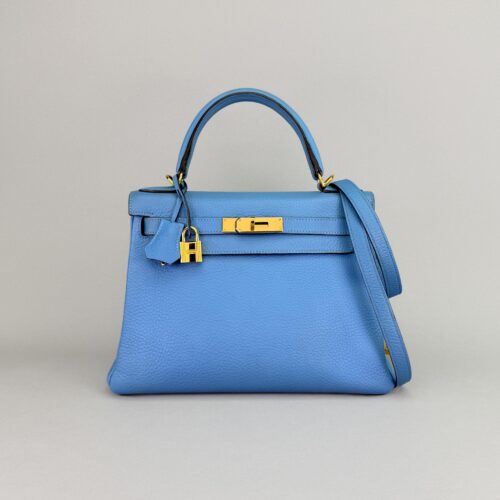 Hermes Kelly 28 Retourne Togo Blue Paradise Gold Hardware Preowned Square R