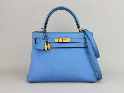 Hermes Kelly 28 Retourne Togo Blue Paradise Gold Hardware Preowned Square R
