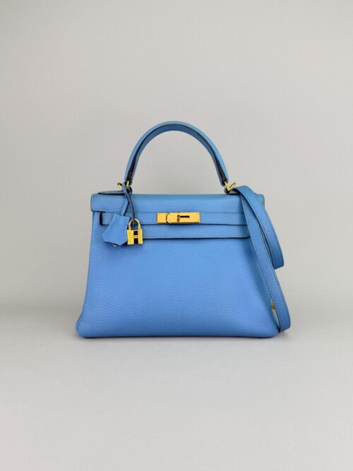 Hermes Kelly 28 Retourne Togo Blue Paradise Gold Hardware Preowned Square R