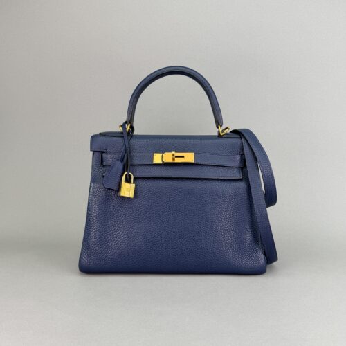 Hermes Kelly 28 Retourne Togo Blue Sapphire/Eletric Gold Hardware Preowned Sqr R