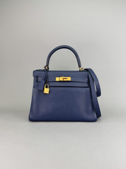 Hermes Kelly 28 Retourne Togo Blue Sapphire/Eletric Gold Hardware Preowned Sqr R