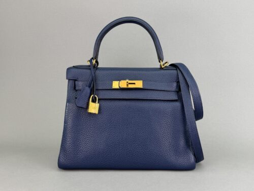Hermes Kelly 28 Retourne Togo Blue Sapphire/Eletric Gold Hardware Preowned Sqr R