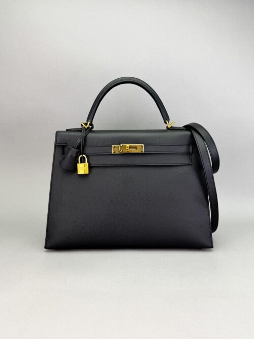 Hermes Kelly 32 Sellier Epsom Black/Noir Gold Hardware Preowned D Stamp
