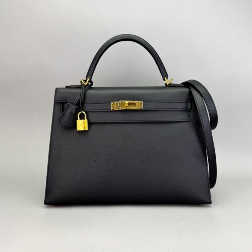 Hermes Kelly 32 Sellier Epsom Black/Noir Gold Hardware Preowned D Stamp