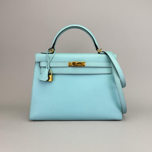 Hermes Kelly 32 Sellier Epsom Blue Atoll Gold Hardware Preowned Square R