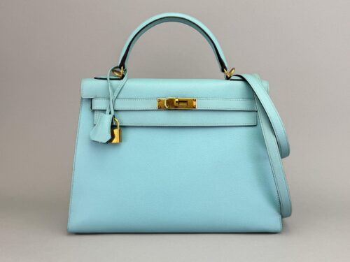 Hermes Kelly 32 Sellier Epsom Blue Atoll Gold Hardware Preowned Square R