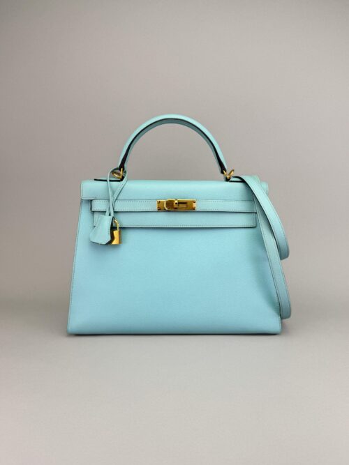Hermes Kelly 32 Sellier Epsom Blue Atoll Gold Hardware Preowned Square R
