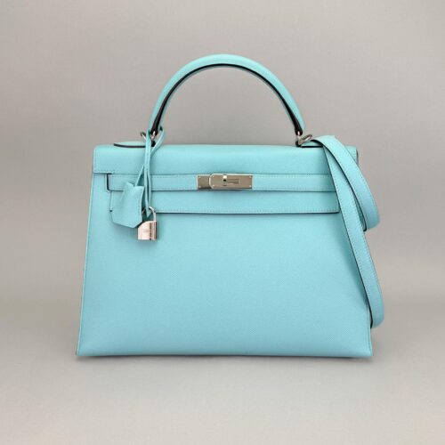 Hermes Kelly 32 Sellier Epsom Blue Atoll Palladium Hardware Preowned T Stamp