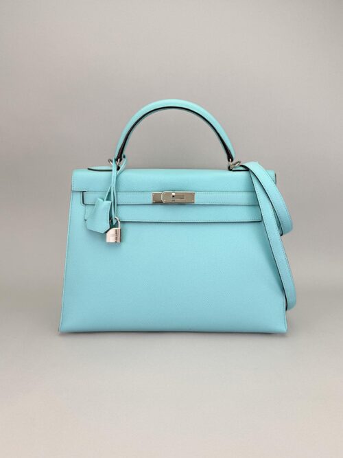Hermes Kelly 32 Sellier Epsom Blue Atoll Palladium Hardware Preowned T Stamp