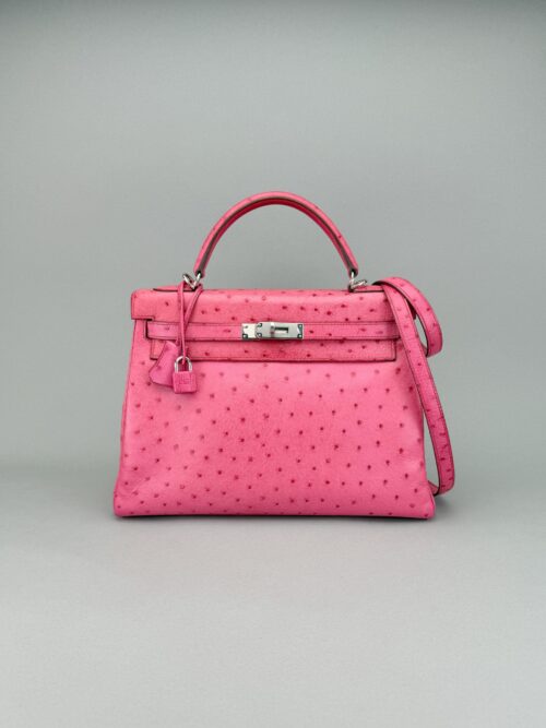 Hermes Kelly 32 Retourne Ostrich Fuchsia Palladium Hardware Preowned Square I