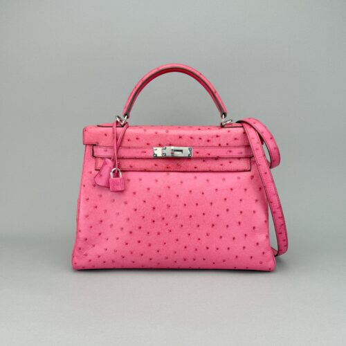 Hermes Kelly 32 Retourne Ostrich Fuchsia Palladium Hardware Preowned Square I