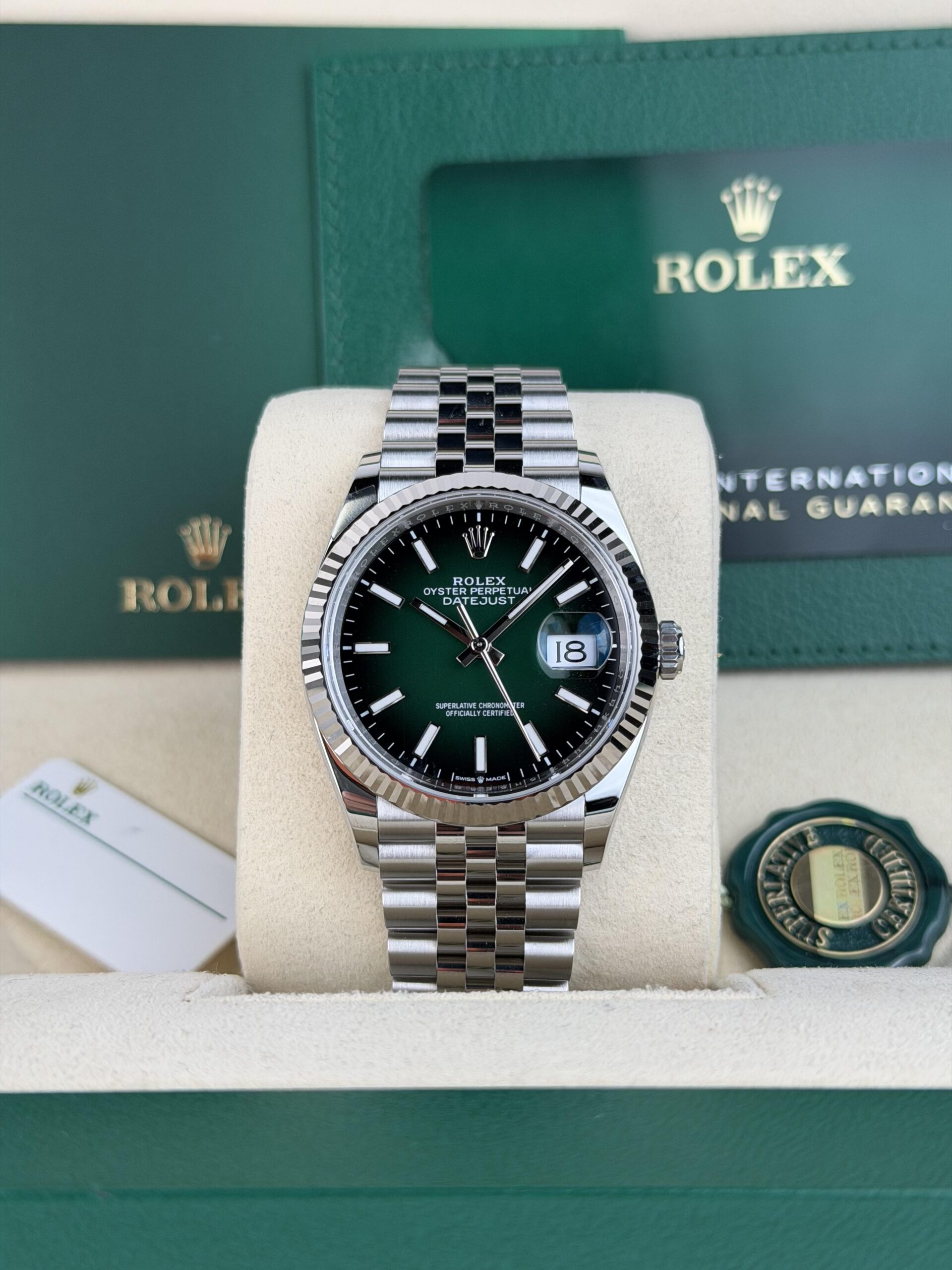 Rolex Datejust 36 Green Ombre Index Fluted Jubilee 2026 Unworn 126234