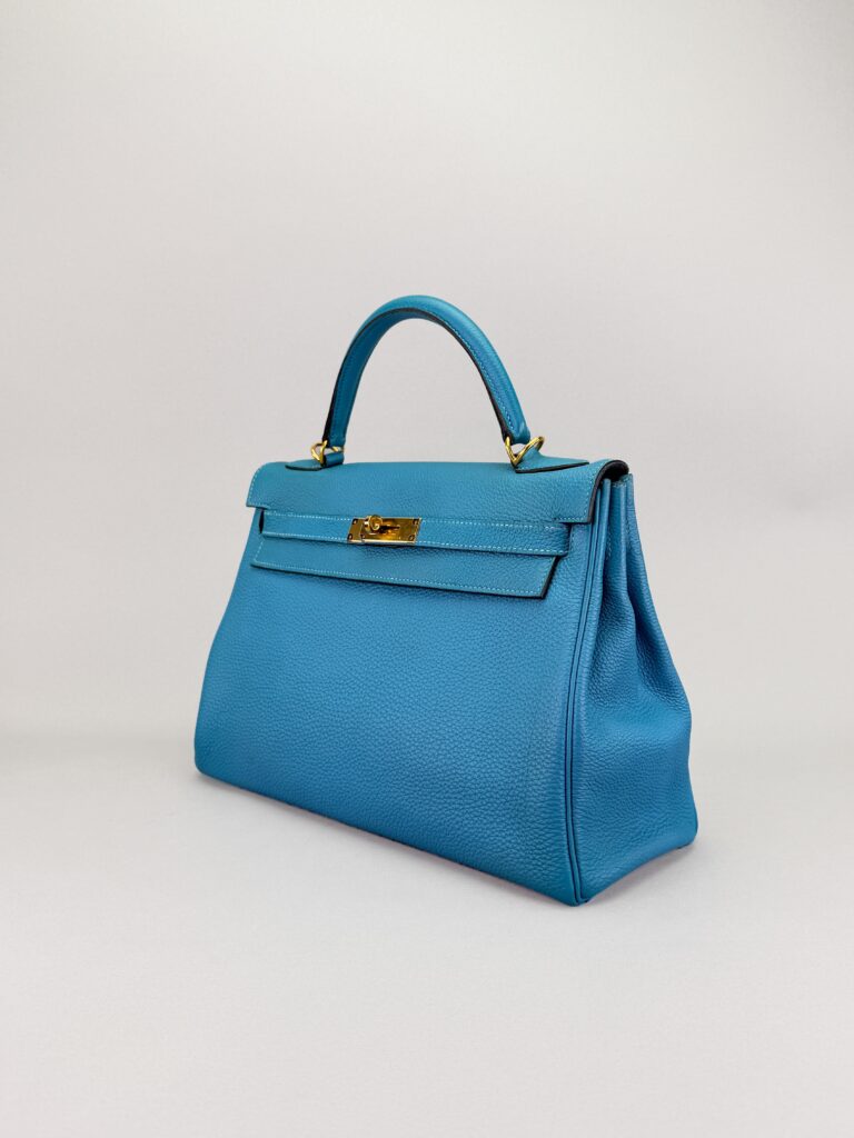 Hermes Kelly 32 Retourne Togo Blue Zanzibar Gold Hardware Preowned Square R