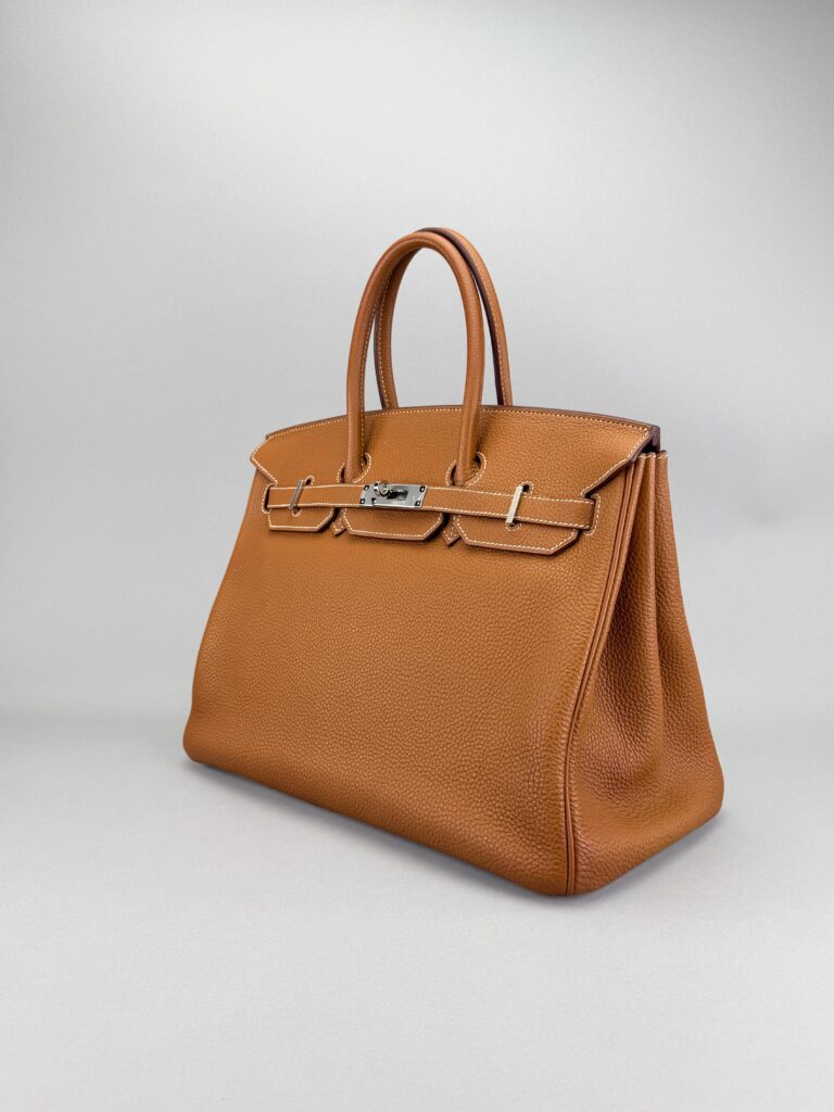 Hermes Birkin 35 Retourne Togo Gold Palladium Hardware Preowned Square N